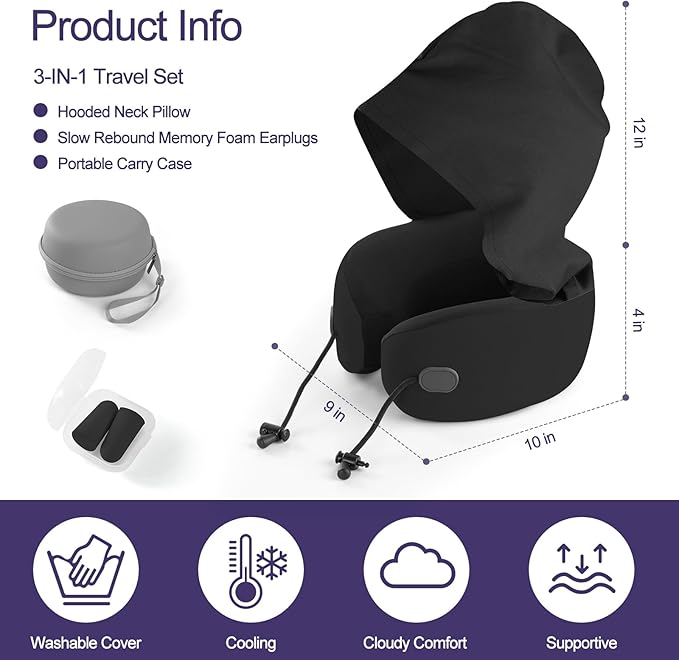 Neck Pillow for Travel, Premium Carbon-Infused Memory Foam, Cooling Fabric Pillow for Airplane, 360° Neck Support for Long Flights, Hooded Travel Pillowl for Planes, Cars and Office, Hooded, Black