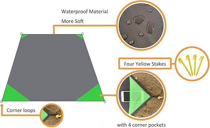 Pocket Blanket 71"x55", Lightweight Compact Sandproof Waterproof Outdoor Blanket for Beach, Hiking, Camping, Travel, Festivals, Picnic with Pockets, Loops, Stakes, Carabiner