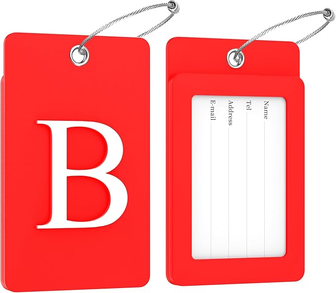 Gostwo 2 Pack Luggage Tags for Suitcases, 26 Initial Letter Travel Luggage Baggage Identification Labels ID Tag Fully Bendable Tags with Stainless Steel Loop (Red) (Letter B)