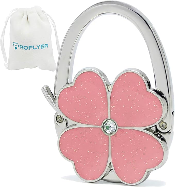 ROFLYER Four Leaf Clover Design Foldable Handbag Hanger Folding Purse Table Hook Holder (Pink)