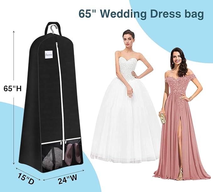SLEEPING LAMB 65'' Bridal Wedding Gown Dress Garment Bag 15'' Gusseted Garment Cover Shoe Pockets Travel Garment Storage Bag for Prom, Evening Gowns, Black