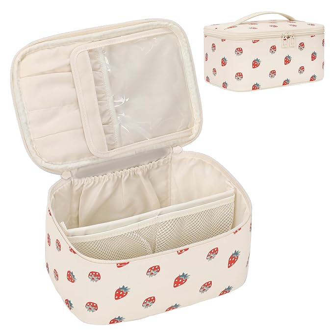 OCHEAL Makeup Bag,Travel Makeup Organizer Bag, Large Capacity Cosmetic Bags For Women Large Travel Toiletry Bag Girls Traveling With Brush Slot And Divider-PU Strawberry