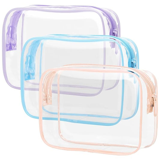 PACKISM TSA Approved Toiletry Bag 3 Medium - Quart Size Clear Makeup Bag for Carry On, Airport Security Compliant Clear Travel bag for Toiletries with Reinforced Seams, Blue Purple Pink
