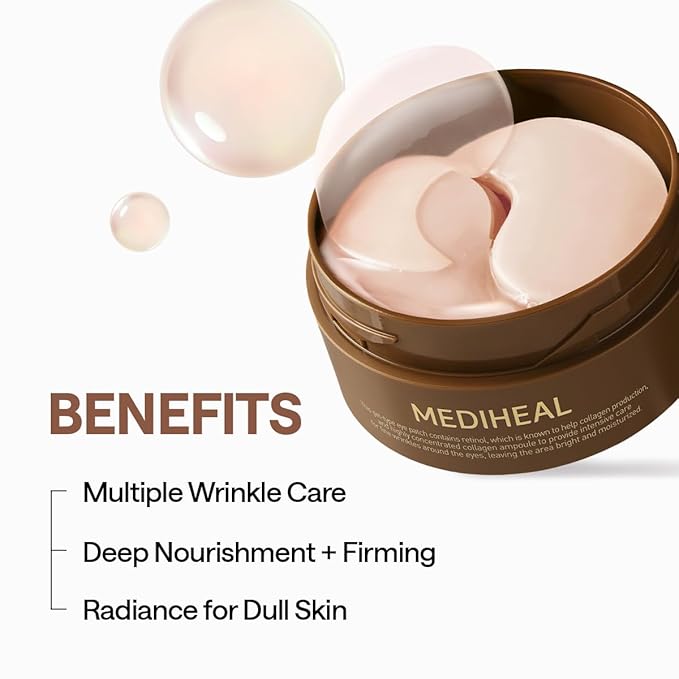 Mediheal Retinol Collagen Under Eye Patches - Korean Hydrogel Eye Pads (60 patches) with 95% Retinol & 5 Micro Collagen. Nourishing & Non Irritating Eye Gel Mask. Sealing Cap & Spatula Included.
