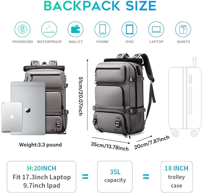 FUTURE AESTHEICS Travel backpack Carry-on Travel Backpack For Women Men Flight Approved Business Weekender Overnight Waterproof Daypack (Grey)