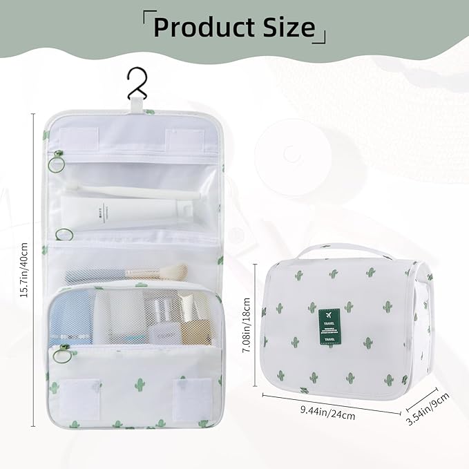 Foldable Hanging Travel Toiletry Bag,Waterproof Portable Travel Bags, Multifunction Travel Makeup Cosmetic Bag Organizer with Hanging Hook (Cactus)