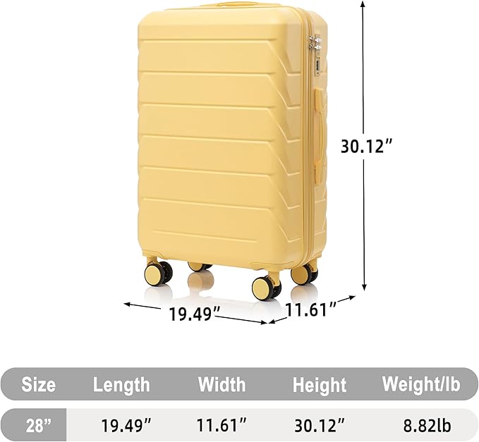 28 Inch Checked-Large Luggage, Lightweight ABS Hard Shell Suitcase with Spinner Wheels, Expandable Travel Luggage with Combination Lock & Side Hooks for Men Women (Yellow, 28)