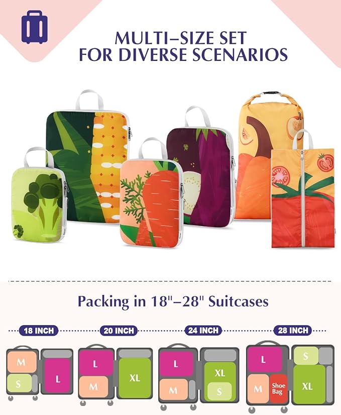 Gonex Compression Packing Cubes, 6pcs Expandable Storage Travel Luggage Bags Organizers with Shoe Bag Laundry Bag, Travel Cubes for Suitcase Carry On (Vegetable)