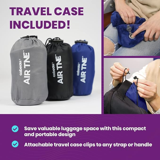 Cabeau Inflatable Travel Pillow – Air TNE – Adjustable, Lightweight, and Supportive for Sleeping on Airplanes, Trains, and Cars– Customized Fit and Compact Carrying Case (Midnight Black)