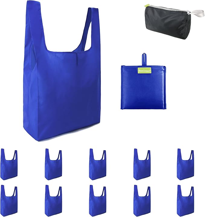 BeeGreen Blue Reusable Grocery Bags Wholesale Blue Reusable Kitchen Bags Bulk Foldable-Machine Washable with Zipper Storage Pouch 10 Packs