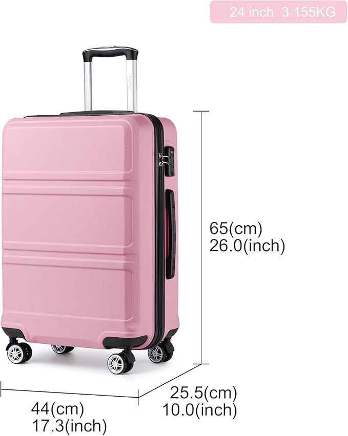 Kono 24 Inch Luggage Suitcase with Spinner Wheels TSA Lock Lightweight PC+ABS Hardside Medium Checked Luggage Durable Rolling Suitcase Pink
