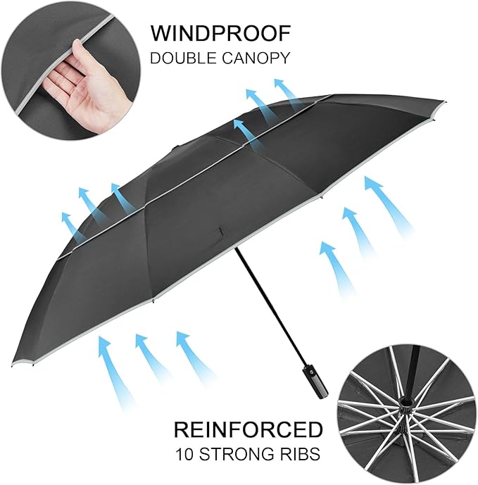 G4Free 54/62 Inch Windproof Inverted Umbrella with Reflective Stripe Large Compact Reverse Golf Umbrella for Rain 10 Ribs Double Canopy Travel Umbrella Automatic Open Close