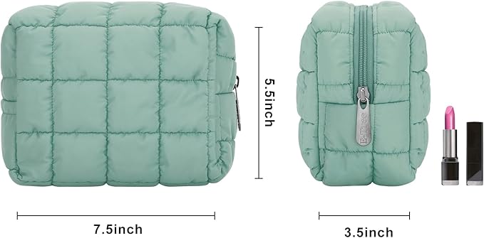 E-Tree Cute Makeup Bag,Quilted Cosmetic Bag,Make up Pouch for Purse,Toiletry Zipper Pouch,Checkered Bag,Travel Case,Storage Pouches for Organization (Green)