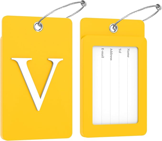 Gostwo 2 Pack Luggage Tags for Suitcases, 26 Initial Letter Travel Luggage Baggage Identification Labels ID Tag Fully Bendable Tags with Stainless Steel Loop (Yellow) (Letter V)