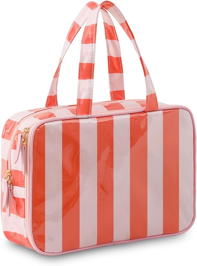 Travel Toiletry Bag for Women, Waterproof Clear Coated Portable Stripe Makeup Cosmetic Bag with Compartment, Travel Organizer for Shampoo, Conditioner, Brushes Set,Cosmetic Accessories(Pink-Orange)