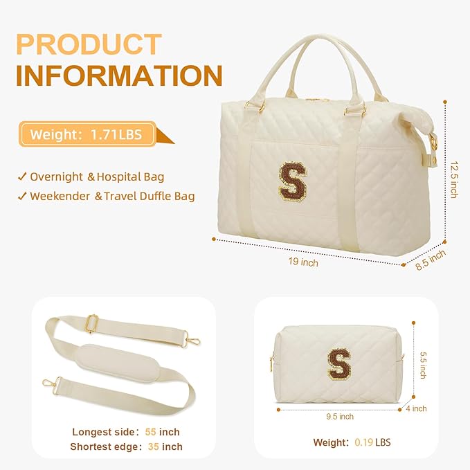 Gifts for Women, Initial Travel Duffle Bag, Personalized Weekender Overnight Bags, Gift for Mom Friend College Girl Graduation Teacher（Beige,S)