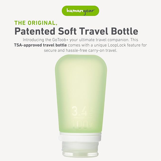 humangear GoToob+ (Large) | Refillable Silicone Travel Bottle | Locking Lid | Food-Safe Material | Green, Large (3.4 fl.oz.; 100ml)
