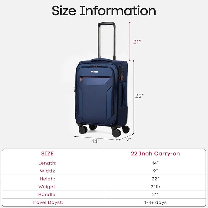 Carry on Luggage 22 X 14 X 9 Airline Approved,22 Inch Softside Suitcases w/TSA LOCK,Lightweight Carry-On Suitcase w/Spinner Wheels,Upright Softshell Luggage for Men/Women（Navy,22in）
