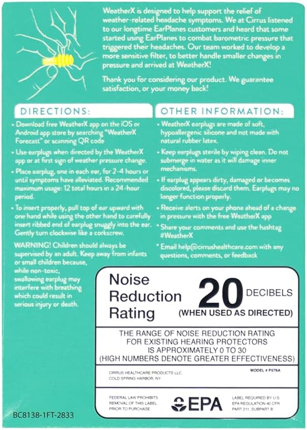 Pressure Filtering Earplug for Shifts in Barometric Weather Pressure (Small 2 Pk)