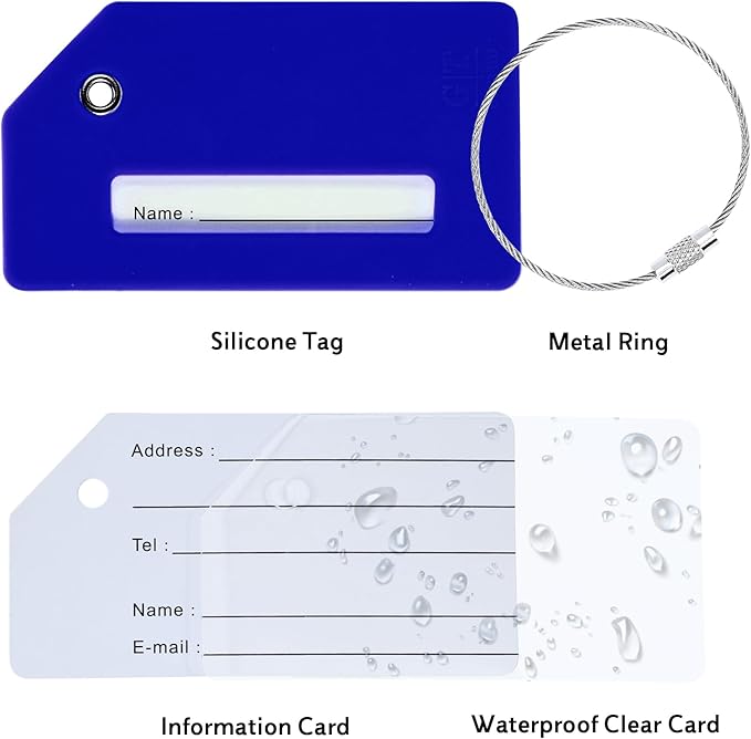 8 Pack Silicone Luggage Tag for Suitcases with Stainless Loop, TSA Approved, Privacy Protection Travel Essentials Bag Tags by Gostwo, Blue