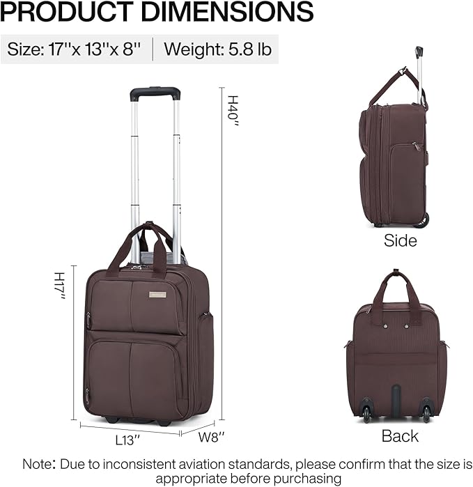 Hanke 16 Inch Underseat Carry On Luggage With Wheels, Small Rolling Suitcase Lightweight Under Seat Carry On Bag, Airline Approved Personal Item Overnight Softside Travel Luggage Bag,Coffee
