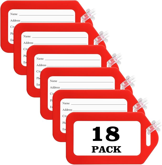 18 Pack Luggage Tag Bright Luggage Tags for Suitcases Bag Tags Name Tags for Kids Travel Accessories Must Haves by Sodsay (Red)