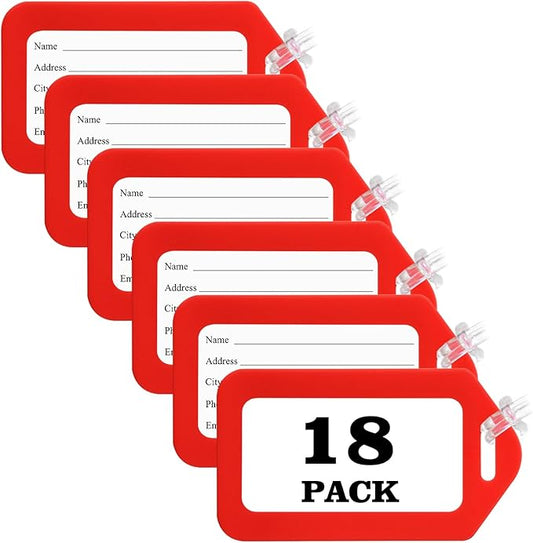 18 Pack Luggage Tag Bright Luggage Tags for Suitcases Bag Tags Name Tags for Kids Travel Accessories Must Haves by Sodsay (Red)