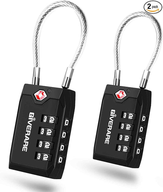 2 Pack TSA Approved Travel Luggage Locks, 4-Digit Cable Combination Suitcase Lock, Metal Alloy Padlocks, Weatherproof Padlock for Locker, Bag, Gun Case, Backpack, Anti Theft, Easy Read Dials-Black