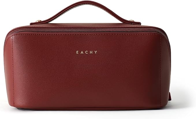 EACHY Travel Makeup Bag, Large Capacity Cosmetic Bag for Women, Waterproof PU Leather, Flat Open Portable Toiletry Bag for Skincare, Brushes & Travel Essentials
