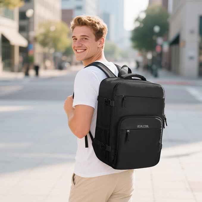 RealCool Travel Backpack for Women Men - Gift for Travelers, Students & Professionals, 17.3 Inch Laptop Carry On Backpack, TSA Flight Approved, College School Business Weekender Daypack -Black