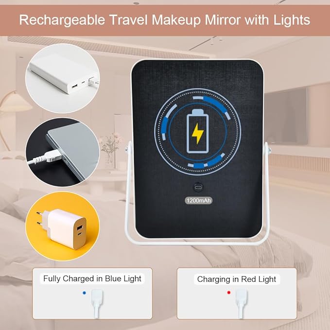 YEKKOPT Rechargeable Vanity Mirror with Lights,Desk Makeup Mirror with Lights,Portable Travel for Makeup Desk ＆ Dressing Room,3 Color Lighting, Dimmable Touch Screen