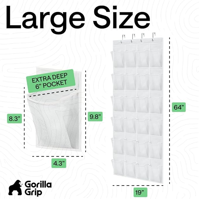 GORILLA GRIP Over the Door Shoe Organizer, 24 Extra Large Breathable Mesh Pockets, Space Saving Hanging Storage Holder, 4 Hook Closet Rack Hanger, Hangs on Closets for Shoes and Accessories, White