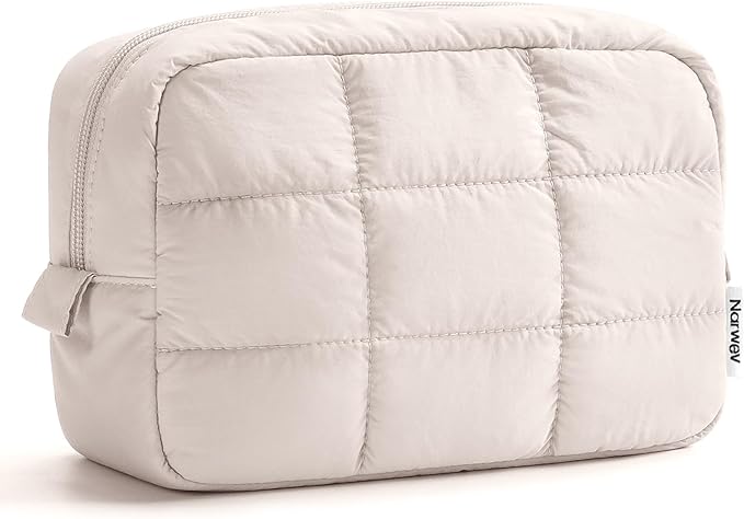Narwey Puffer Travel Makeup Bag for Women Girl, Quilted Puffy Cosmetic Bag Make Up Bag Organizer, Cute Travel Toiletry Bag for Toiletries (Beige)