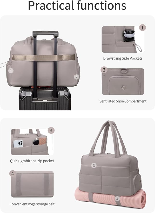 Gitus Carry On Duffle Gym Bag for Women Puffer Weekender Overnight Duffel Bag for Travel with Clear Toiletry Pouch Sport Yoga Fitness Essentials Gifts (Gray)