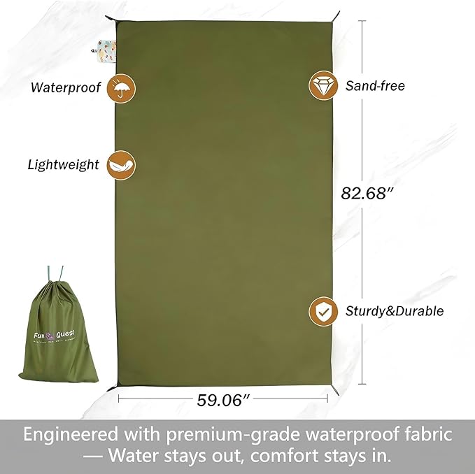 Picnic Blanket Waterproof – Packable Sand Proof Beach Blanket (0.42lb/0.66lb), Compact & Foldable, Fits in Pocket with Integrated Stakes, Ideal for Camping, Hiking, Travel, Concert, Festival