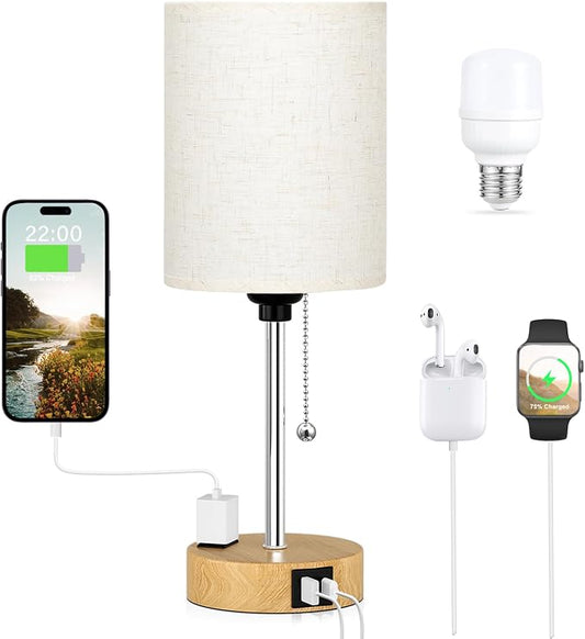 Small Bedside Table Lamp for Bedroom, Desk Lamp with USB Ports for Dorm | USB A+C Ports, AC Outlet, 3 Color Temperatures, LED Bulb Included, Linen-Fabric Shade, Wood Grain Base, 14" Night Stand Lamp