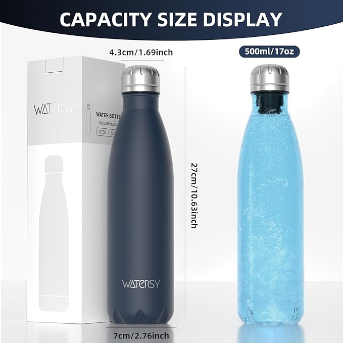 WATERSY Stainless Steel water bottles,17oz/500ml Insulated Water Bottles,Cobalt metal water bottle Keeps Drink Cold and Hot,Blue BPA Free kids water bottles for School,Gym,Travel,Sports