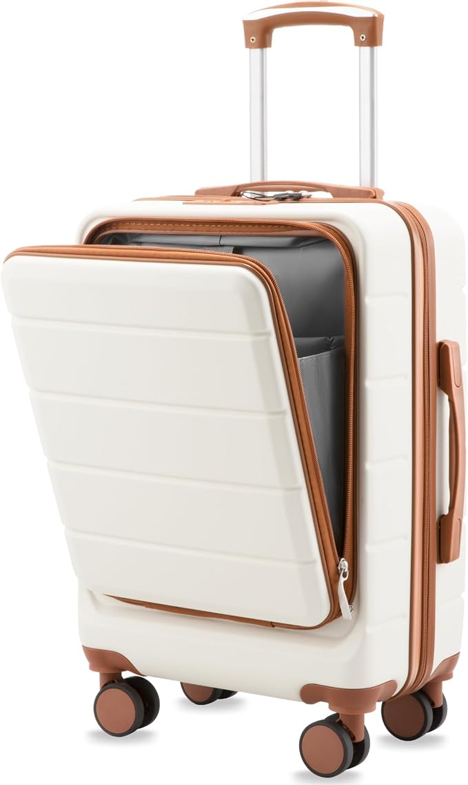 Carry On Luggage 22x14x9 Airline Approved, Hardside Spinner Suitcase with Front Pocket for Laptop, TSA Lock & Silent Wheels (20 in, White)