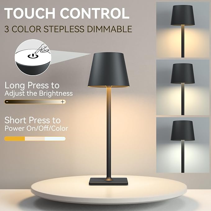 Yogaret Black Cordless Table Lamps, 6000mAh Rechargeable Battery LED Lights | Set of 4 battery operated lamps wireless table lamp for restaurant tables, dining areas, kitchens, outdoor patio and home use