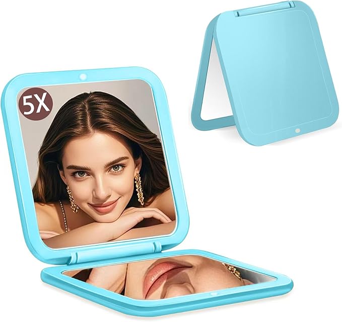 CYHTSHFZ Small Compact Mirror for Purse,5X/1X Travel Magnifying Mirror for Women, Makeup Mirror for Girls, Portable Ultra Slim Pocket Mirror（Light Blue）