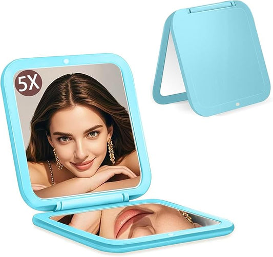 CYHTSHFZ Small Compact Mirror for Purse,5X/1X Travel Magnifying Mirror for Women, Makeup Mirror for Girls, Portable Ultra Slim Pocket Mirror（Light Blue）