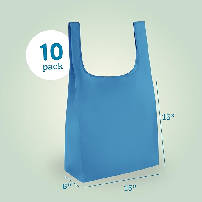 Masirs Reusable Grocery Bag (10-PACK | COLORS) - Reusable Ripstop Bags - Large, Strong Eco Friendly Bags - Foldable Shopping Bag - For Kitchen, Grocery & More - Packable Shopping Bag