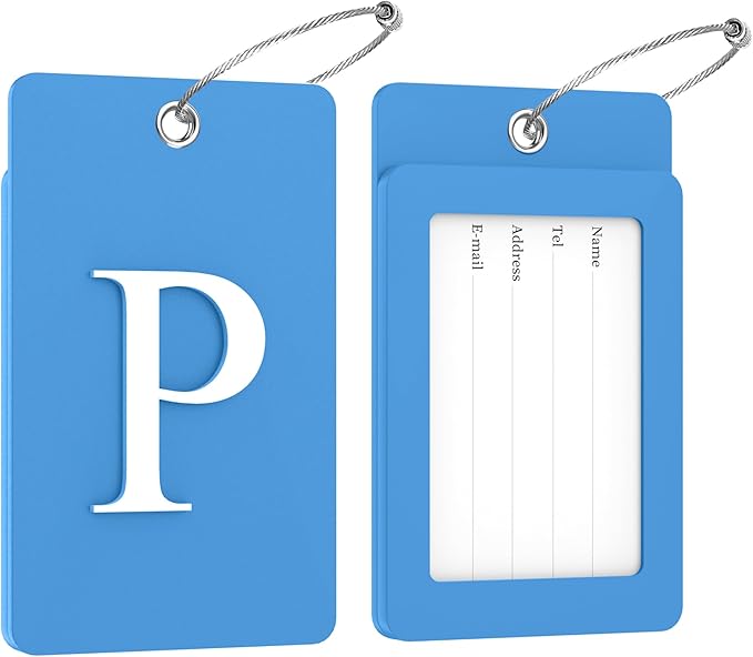 Gostwo 2 Pack Luggage Tags for Suitcases, 26 Initial Letter Travel Luggage Baggage Identification Labels ID Tag Fully Bendable Tags with Stainless Steel Loop (Blue) (Letter P)