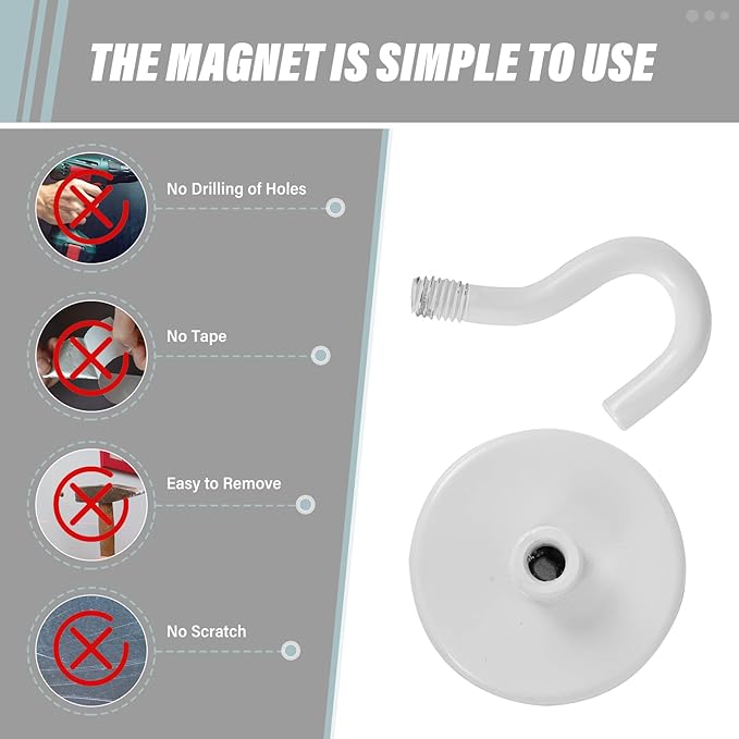 Neosmuk Magnetic Hooks Heavy Duty,Strong Magnet with Hook for Fridge, Super Neodymium Extra Strength Industrial Hooks for Hanging, Magnetic Hanger for Toolbox, Cruise, Grill(White,6 Pack)