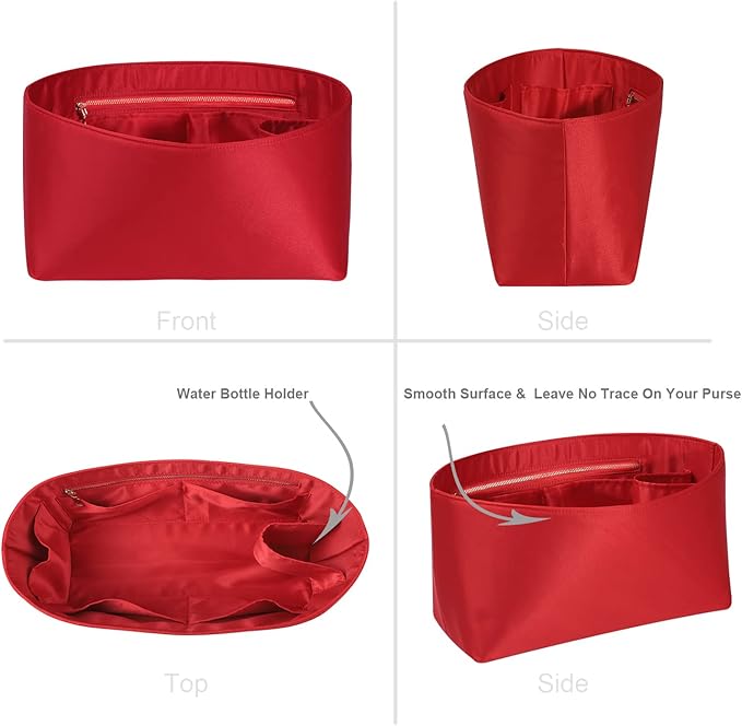 ZTUJO Purse Organizer Insert For Handbags, Silk Purse Organizer with Zipper, Silky Smooth, Bag Organizer For Speedy Neverfull Tote,onthego,Artsy, 6 Sizes(Large, Silky Red)
