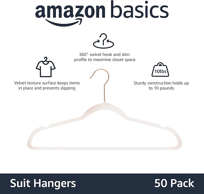 Amazon Basics Space Saving Slim Velvet Non-Slip Suit Clothes Hangers, Sturdy Construction, Closet Organizer, Pack of 50, Blush Pink/Rose Gold