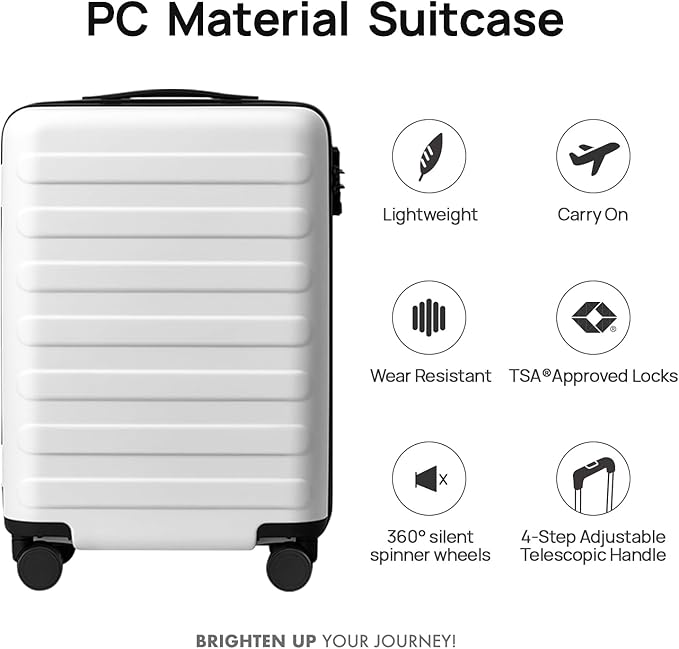 NINETYGO Carry On Luggage 22x14x9 Airline Approved, 20 Inch Luggage with Smooth Spinner Wheels, Lightweight, Hard Shell PC Suitcase Carry-On, Travel Luggage, TSA Approved (Lily White, Rhine Basic)