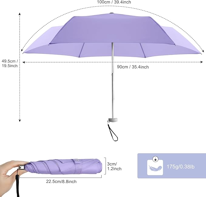 Lejorain Travel Mini Umbrella for Purse - Black Compact Durable Cool Teflon Light Weight Flat Backpacking Umbrella Portable Paraguas