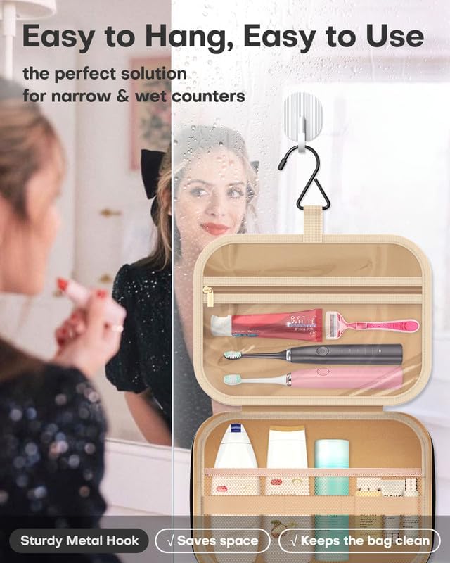 HOTOR Travel Toiletry Bag for Women & Men, Waterproof Makeup Bag with Hanging Hook and Multiple Pockets, Cosmetic Bags for Women, Travel Essentials, 11.2'' x 3.2'' x 8.9'', Rosewood-Pink