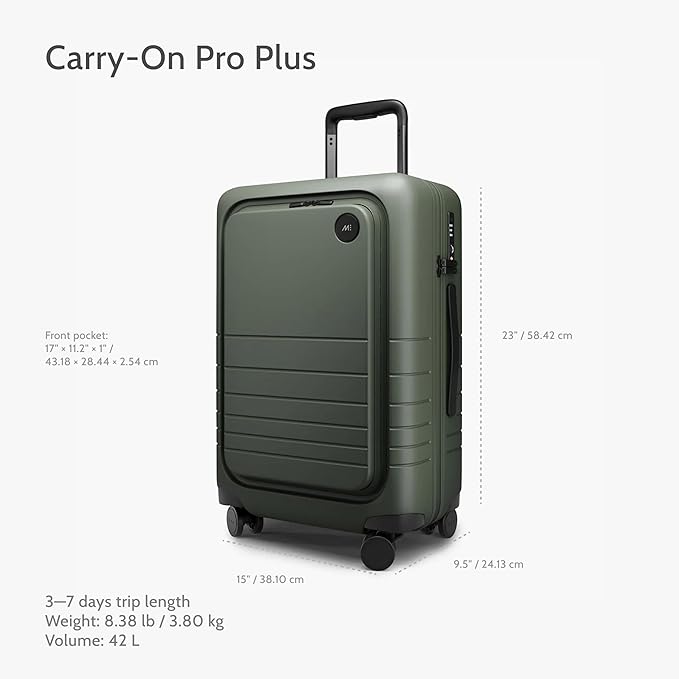 Monos Carry-On Pro Plus Luggage (23"), Hardside Spinner Suitcase with TSA Lock & Front Pocket, Airline Approved, Olive Green